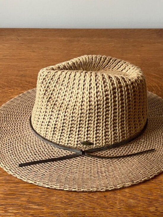 C.C Fedora Knitted Hat - Natural Beige with Dark leather Band. Adjustable - Picture 4 of 8
